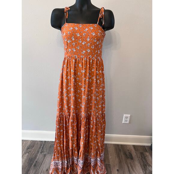 Forever 21 Orange Print Tiered Maxi SunDress Sz Medium Summer vacation coquette - Picture 1 of 4